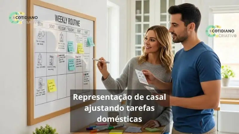 casal ajustando quadro de rotina semanal