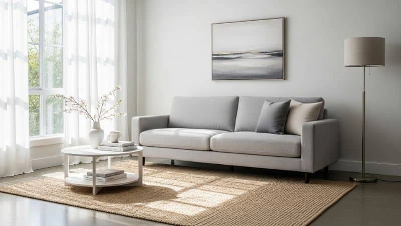 Decoração sofá cinza minimalista em sala iluminada.