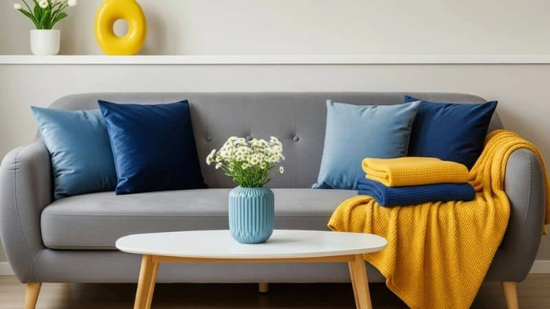 Decoração sofá cinza e combinação de cores vibrantes.