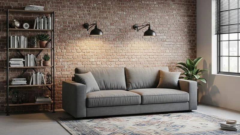 Decoração sofá cinza industrial em sala com tijolinhos.
