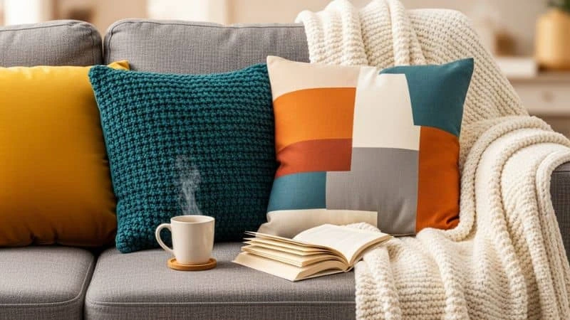 Decoração sofá cinza com almofadas e mantas.
