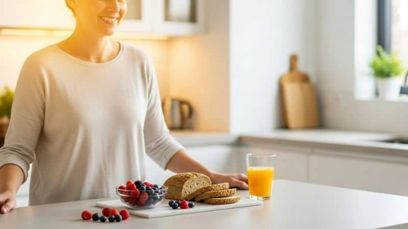Mulher feliz preparando receitas fáceis com poucos ingredientes na cozinha.