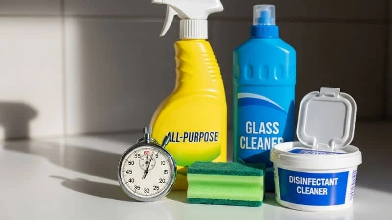 limpeza expressa com cronômetro e produtos essenciais