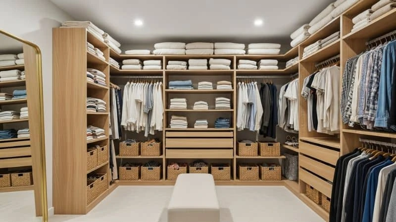 Armário de roupas organizado com divisórias e cestos, exemplificando a organização de armários eficiente e otimizada.