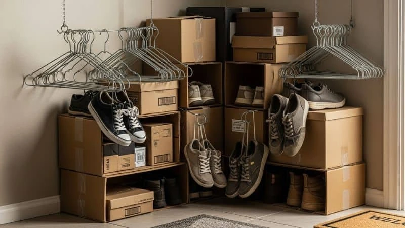 Estação de função na entrada para organizar sapatos e bolsas
