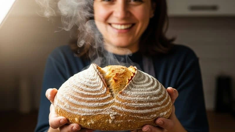 Pessoa feliz com pão caseiro fácil e fofo