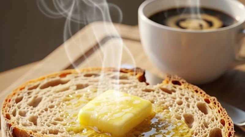 Pão caseiro fácil perfeito fatiado com manteiga