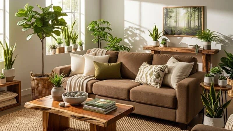 sala de estar acolhedora com sofá marrom e plantas