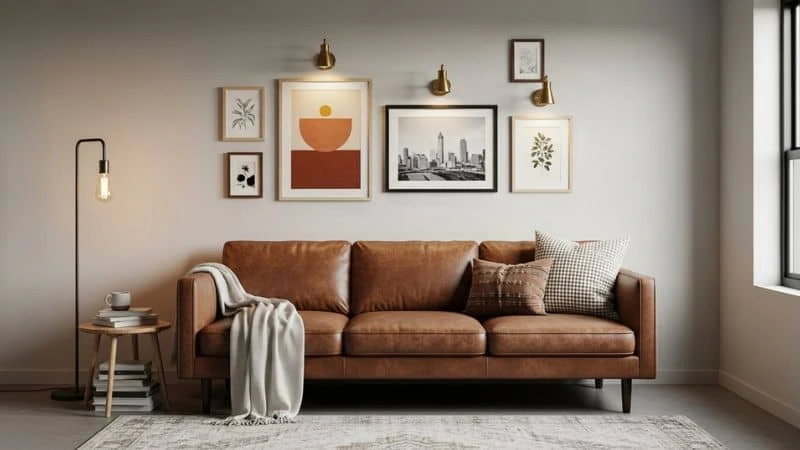 decoração de parede clara com sofá marrom e quadros modernos