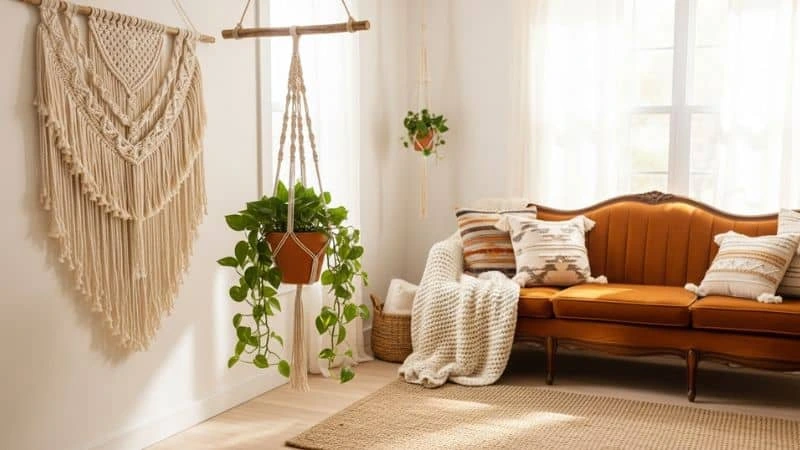 suporte de macramê artesanal para plantas — decoração feita à mão para vender.