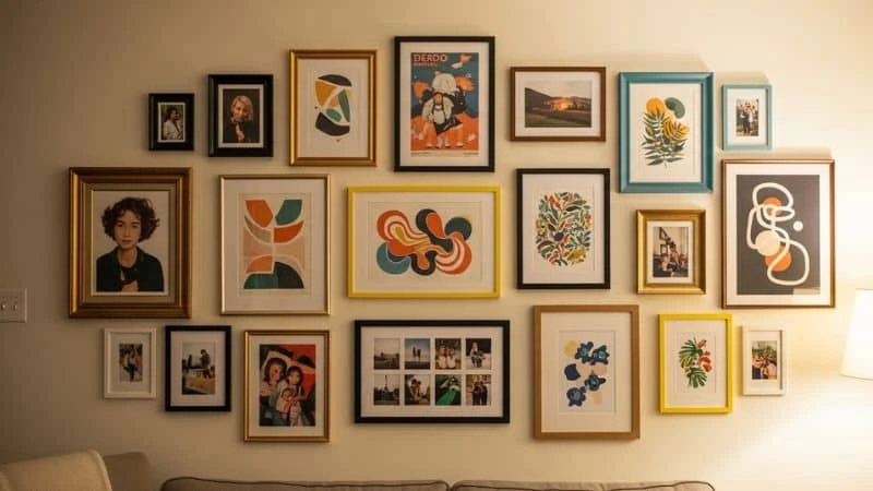 Galeria de quadros na sala de estar, misturando fotos e arte para contar uma história e deixar sua sala mais charmosa.