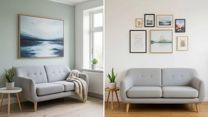 Comparativo visual: Sala pequena com quadro grande versus sala pequena com galeria de quadros, demonstrando como usar quadros para deixar sua sala mais charmosa.