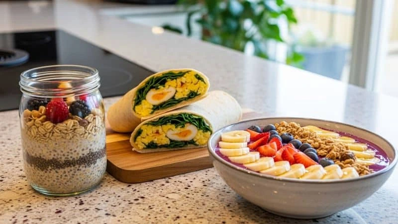 Opções de almoço saudável e rápido que também servem como café da manhã nutritivo.