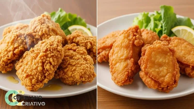 frango dourado na airfryer ao lado de frango frito tradicional