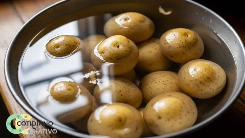 batatas cortadas sendo lavadas para reduzir amido antes de ir à airfryer