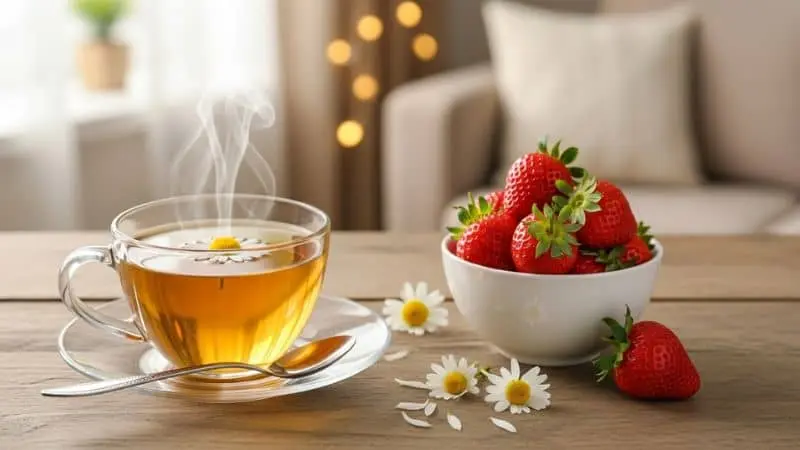 Comidas que relaxam o corpo antes de dormir: chá e morangos para sono tranquilo.