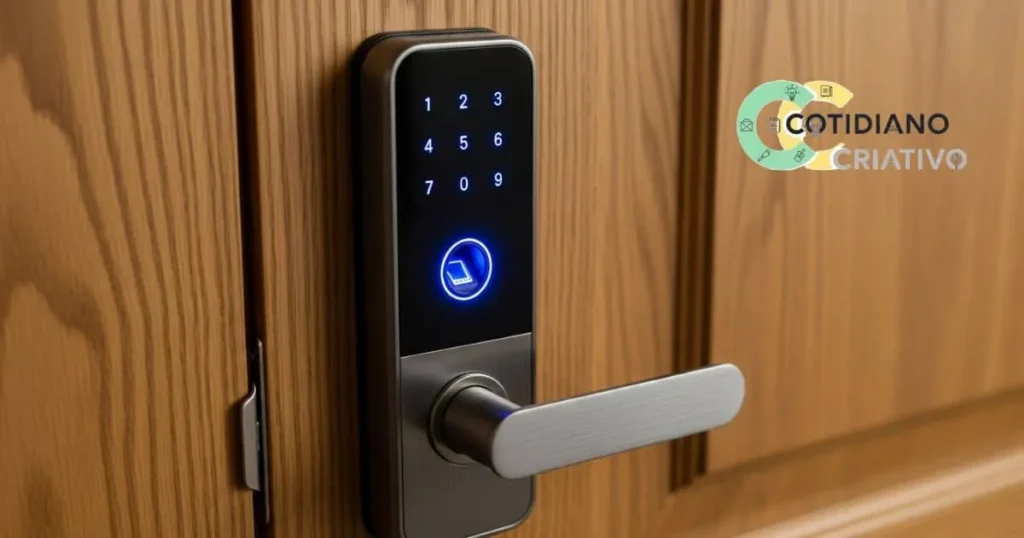 Fechadura inteligente de alta segurança instalada em porta residencial moderna com teclado digital.
