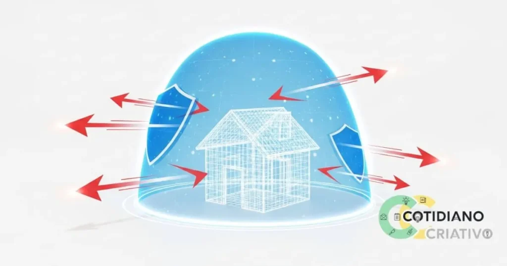 Ilustração de escudo digital holográfico protegendo os dados de uma casa inteligente segura contra invasões.