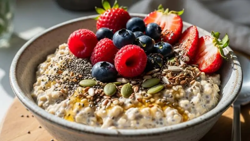 refeição rápida e nutritiva com aveia e frutas