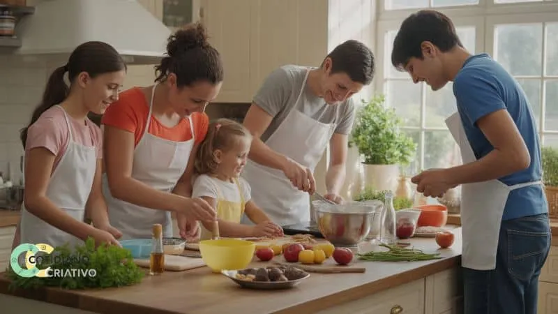 Família cozinhando com organização e consciência alimentar.