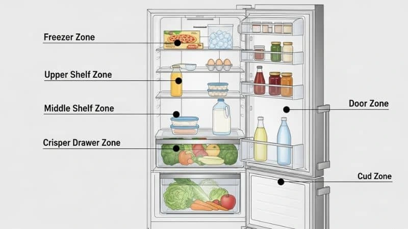 Infográfico mostrando as zonas da geladeira para organizar alimentos corretamente.