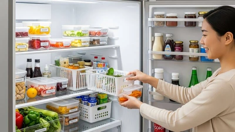Organização da geladeira passo a passo com potes e cestas.