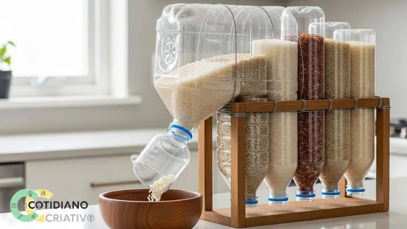 garrafa PET reaproveitada como dispenser de alimentos