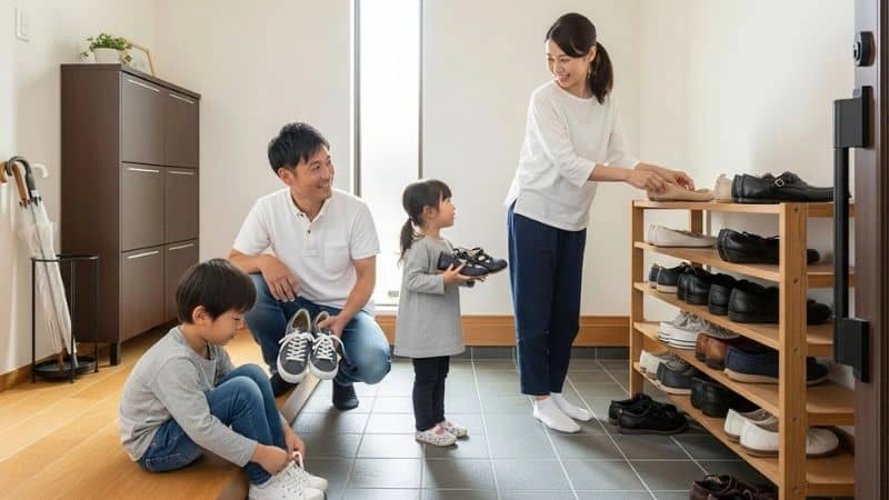 hábitos de limpeza do Japão com organização na entrada da casa