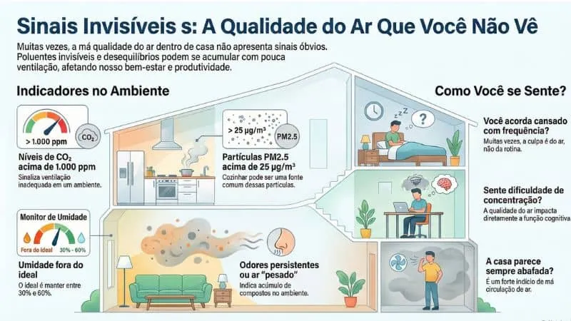 Infográfico mostrando sinais de má qualidade do ar em casa, como CO₂ alto, PM2.5 elevado, umidade inadequada e sintomas como cansaço e falta de concentração.