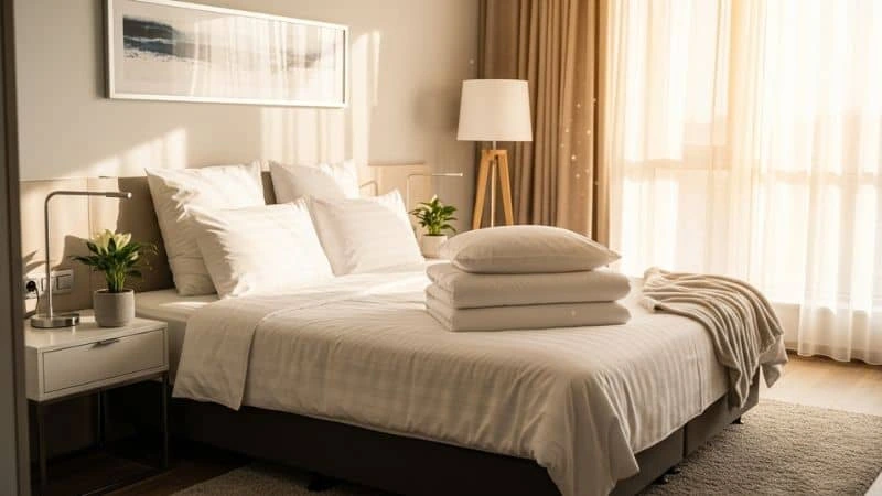 Cama de hotel arrumada com lençóis brancos, inspirando truques de hotelaria para o quarto.