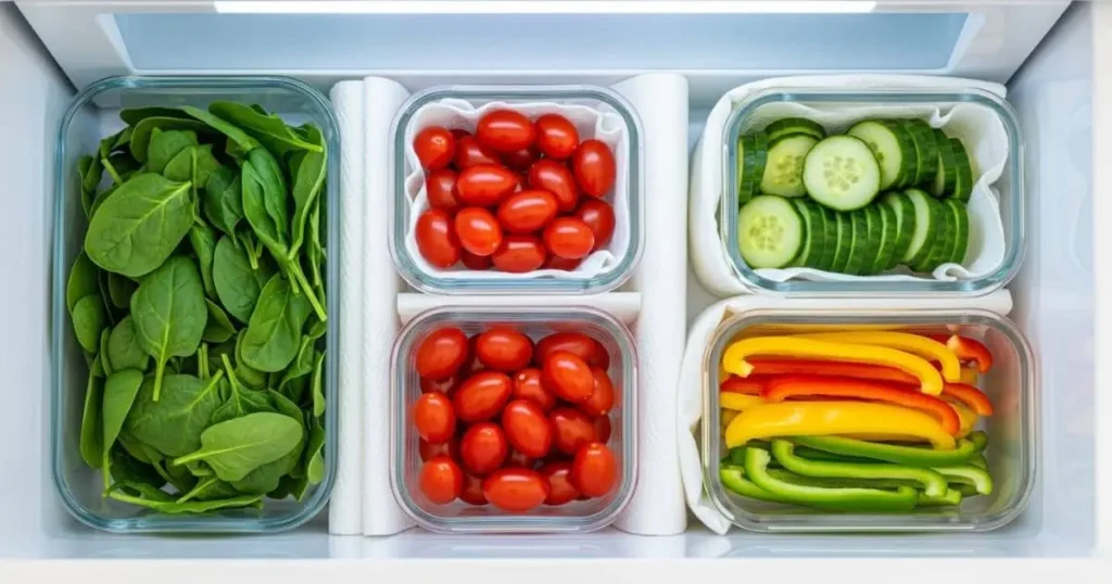 Dicas para conservar comida por mais tempo: verduras frescas armazenadas em recipientes herméticos dentro da geladeira