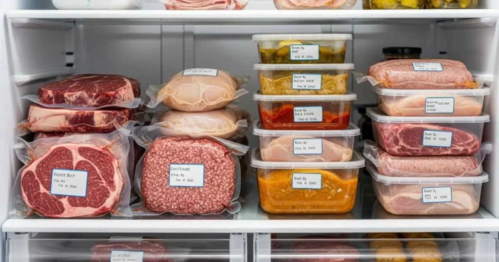 Carnes cruas acondicionadas em bandejas herméticas na parte inferior da geladeira para evitar contaminação cruzada.