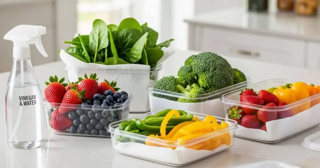 Truques para prolongar a vida útil dos alimentos usando papel toalha e vinagre diluído.