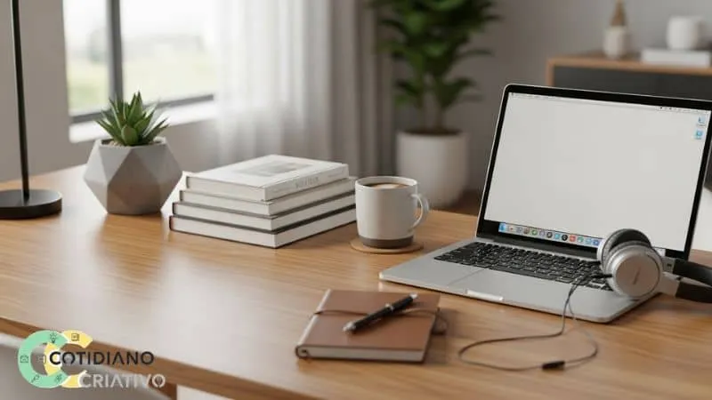 mesa com objetos organizados e superfície limpa mostrando como reduzir a bagunça em casa