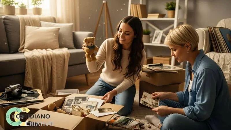 duas pessoas separando objetos com expressão de decisão: como reduzir a bagunça em casa”