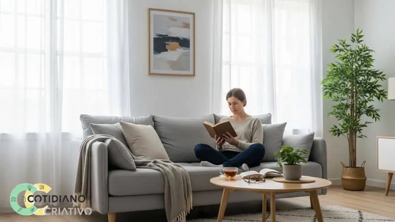 pessoa relaxando em sala limpa e organizada: como reduzir a bagunça em casa