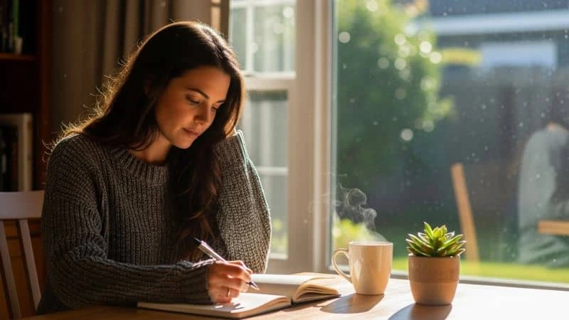 Mulher praticando rotina criativa com caderno de anotações pela manhã