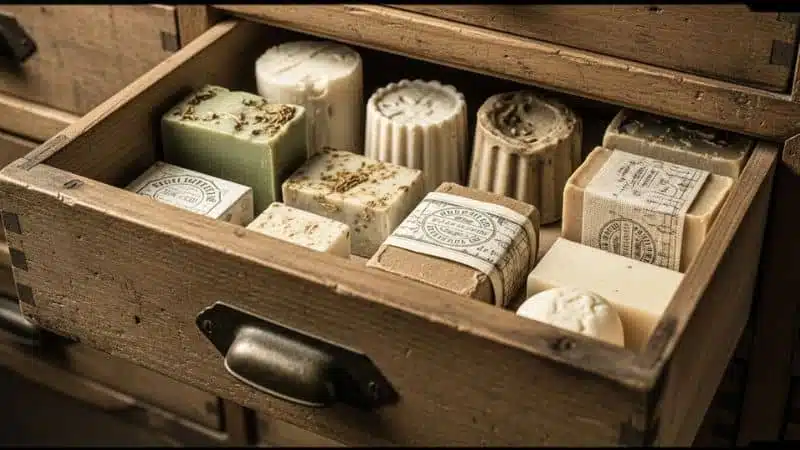 sabonete nas gavetas em gaveta antiga perfumando roupas