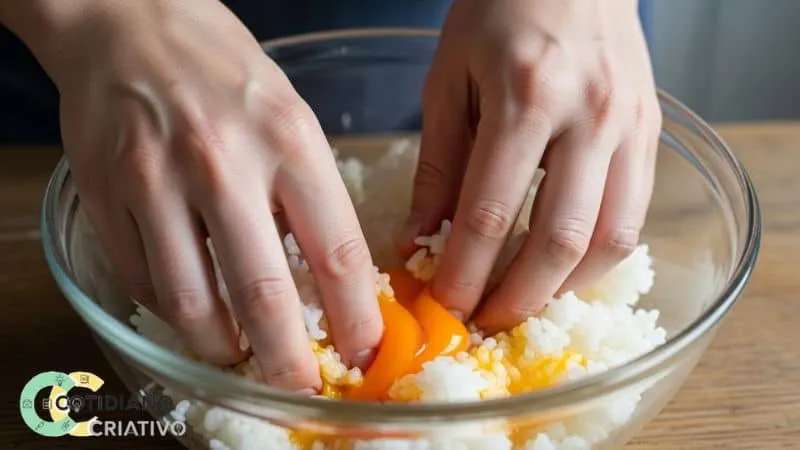 Mãos massageando sobras de arroz com gema de ovo em tigela de vidro