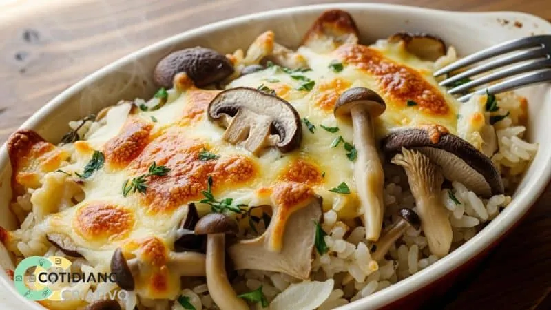 Travessa de sobras de arroz gratinadas com cogumelos e queijo derretido