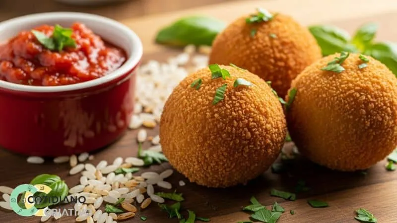Três arancini dourados com sobras de arroz ao lado de molho marinara