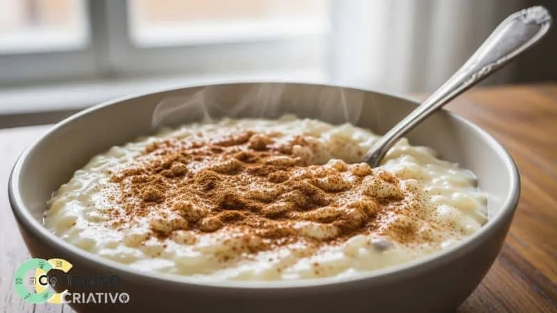 Tigela com pudim cremoso de sobras de arroz decorado com canela