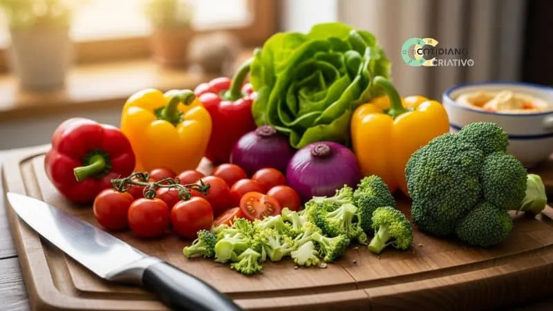 Legumes e faca sobre tábua de madeira em preparação simples.