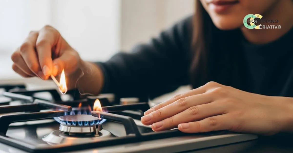 Pessoa acendendo o fogão com segurança e tranquilidade.