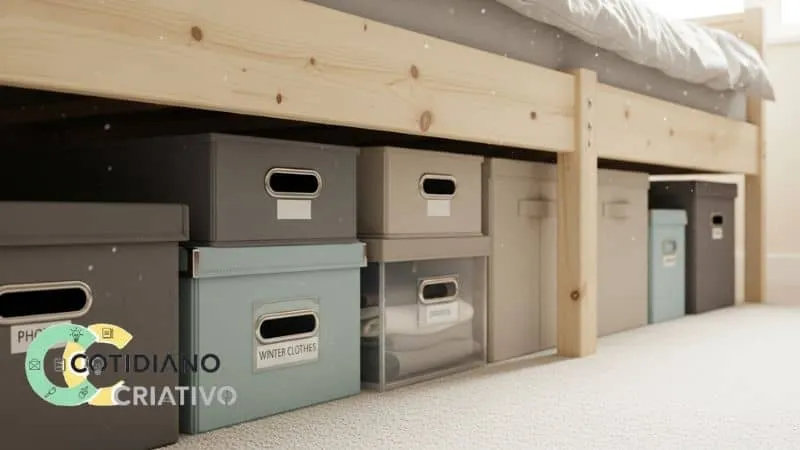 organizando espaço abaixo da cama com caixas lacradas