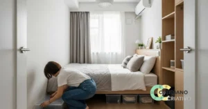 quarto compacto bem organizado, com cama elevada e organizadores vedados, representando prevenção de percevejos por meio da limpeza e organização