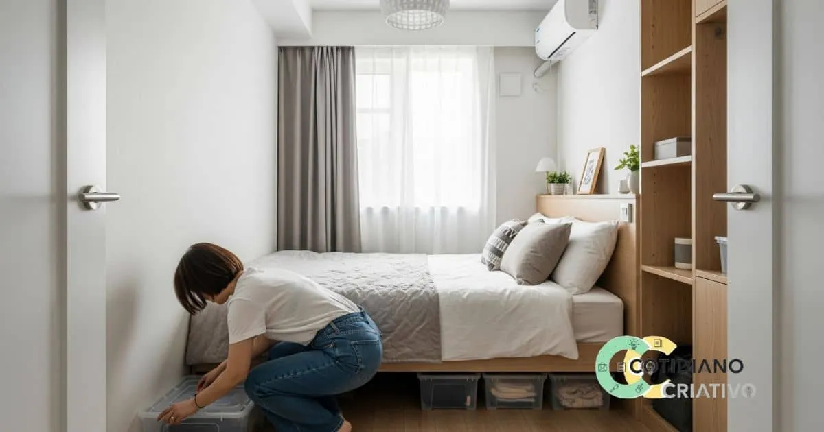 quarto compacto bem organizado, com cama elevada e organizadores vedados, representando prevenção de percevejos por meio da limpeza e organização