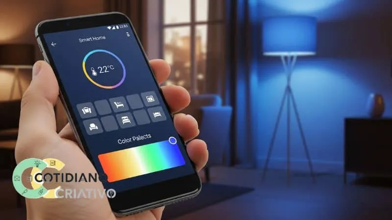 configurando lâmpada inteligente via aplicativo de telemóvel em ambiente doméstico confortável.
