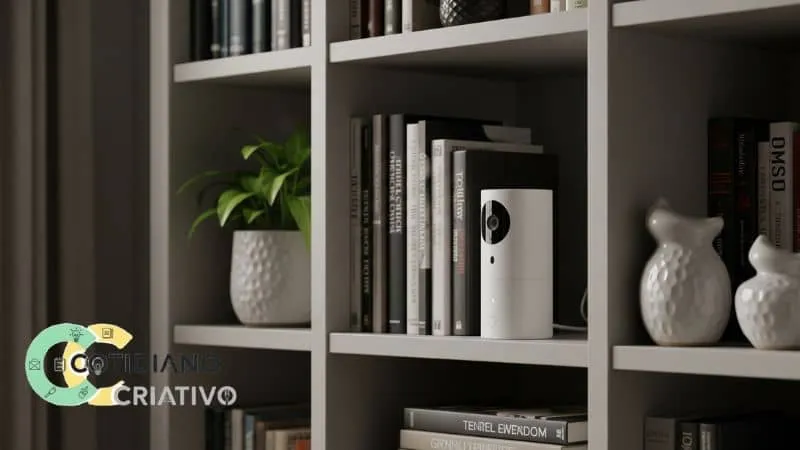 câmera de segurança inteligente discreta em estante residencial moderna.