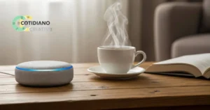 smart speaker pequeno em mesa de sala de estar moderna com decoração minimalista e acolhedora.